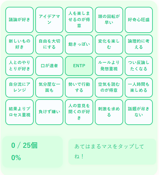 ENTPの性格診断ビンゴ｜討論好きでアイデア豊富な発明家タイプの特徴をチェック