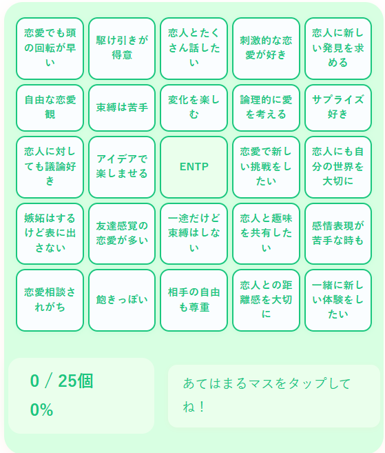 ENTPの恋愛ビンゴ｜ひらめきとユーモアが飛び交う恋愛を好む発明家タイプを診断