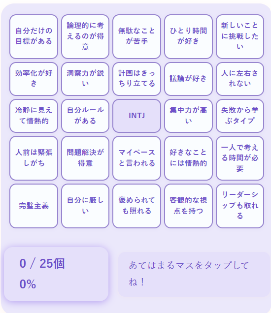 INTJの性格診断ビンゴ｜戦略的で知的な建築家タイプの思考パターンを診断