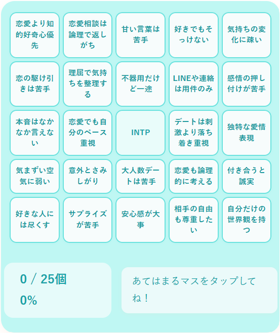 INTPの恋愛ビンゴ｜理屈っぽいけど一途な論理学者タイプの恋愛傾向をチェック