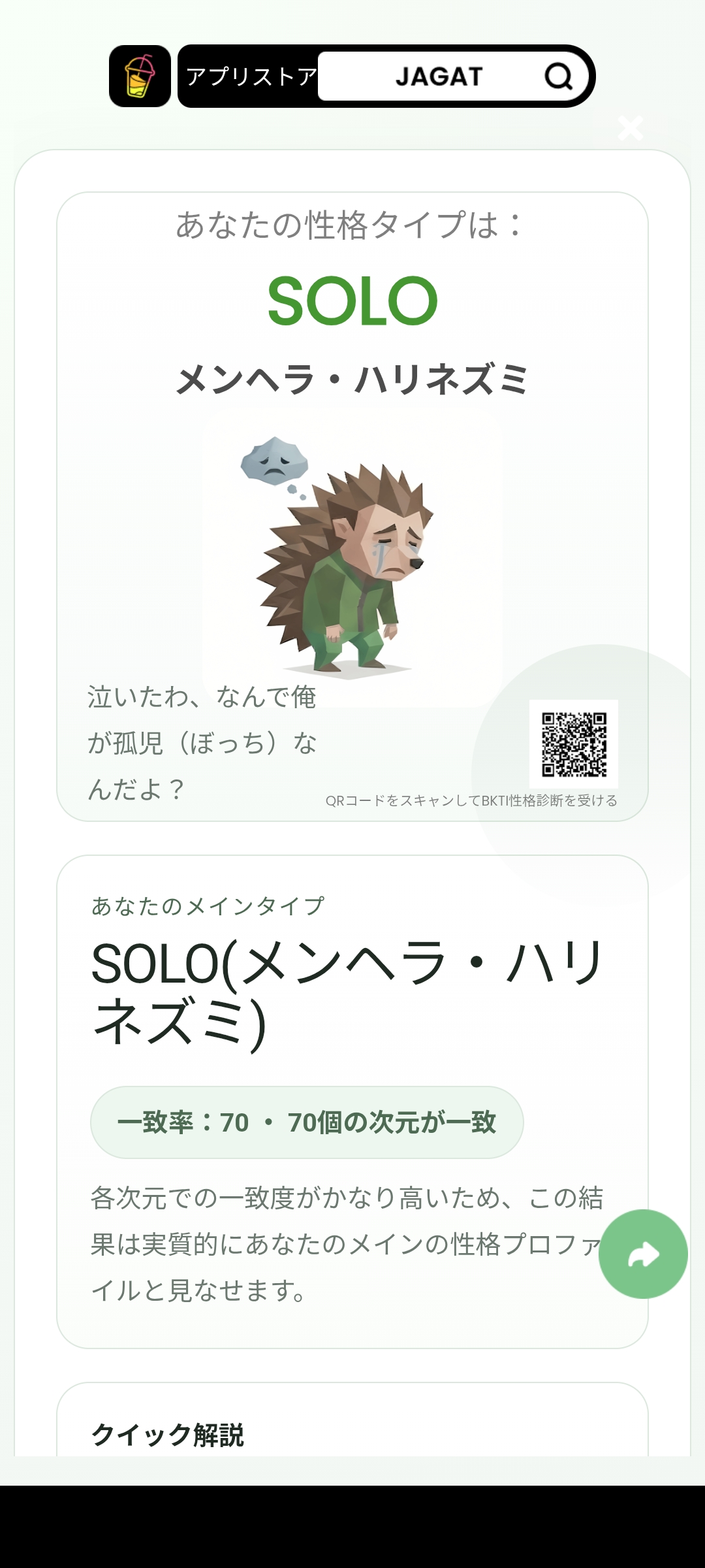 BKTI診断のSOLOメンヘラハリネズミという結果画面