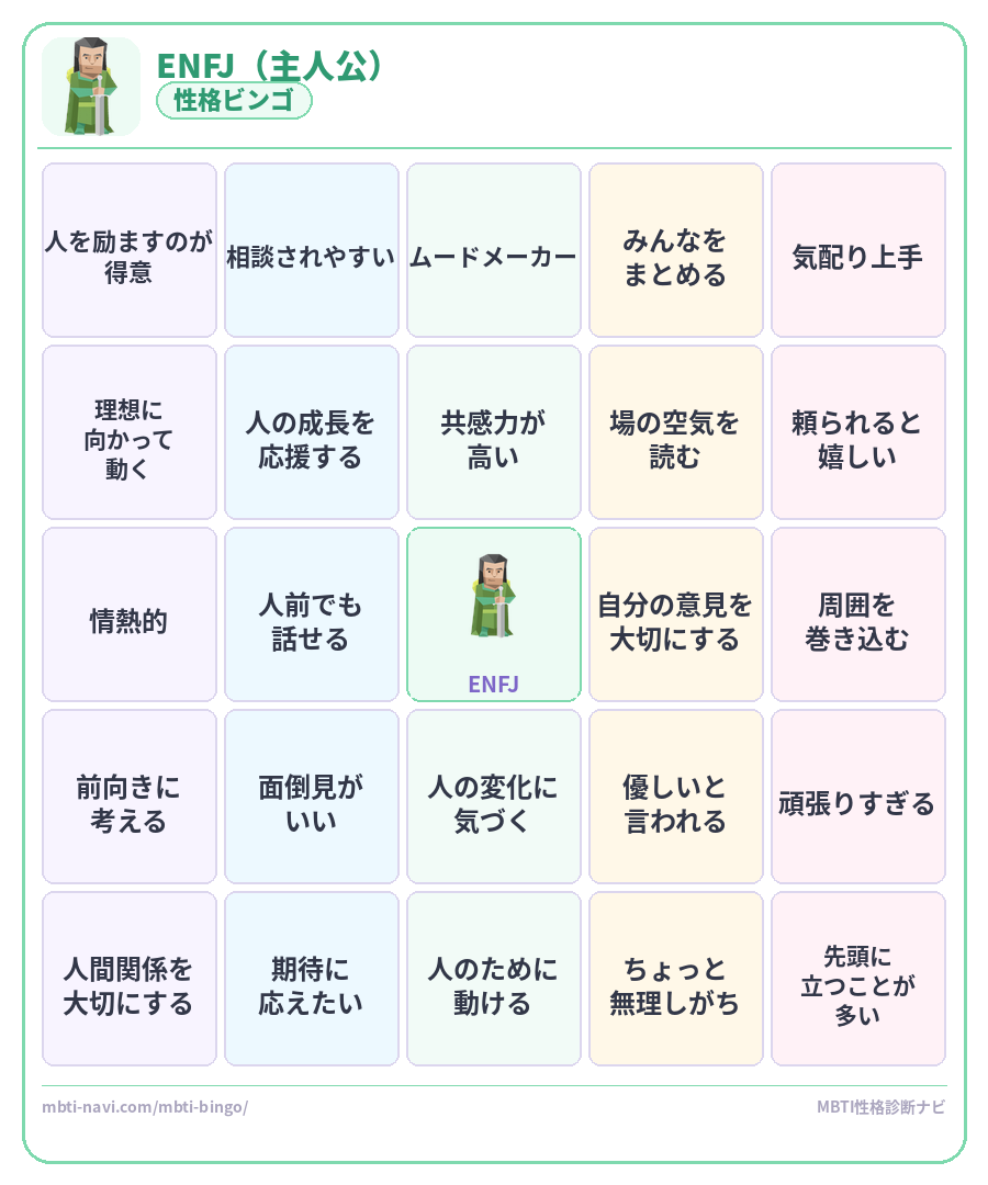 ENFJ性格ビンゴ素材 主人公タイプのMBTIビンゴカード