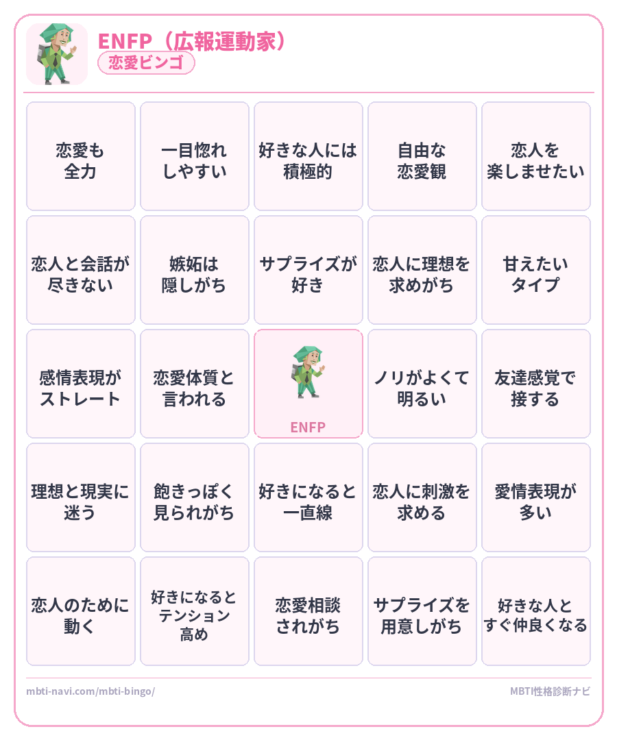 ENFP恋愛ビンゴ素材 広報運動家タイプのMBTI恋愛ビンゴカード