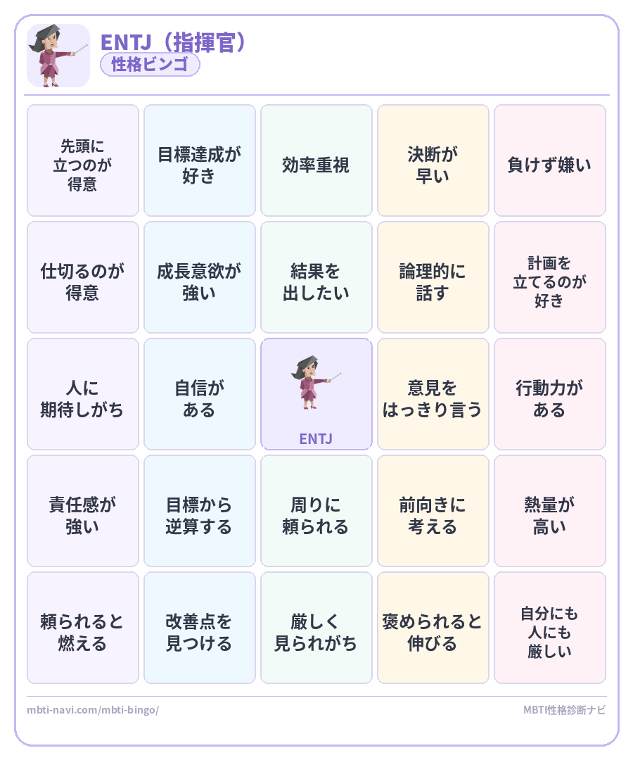 ENTJ性格ビンゴ素材 指揮官タイプのMBTIビンゴカード