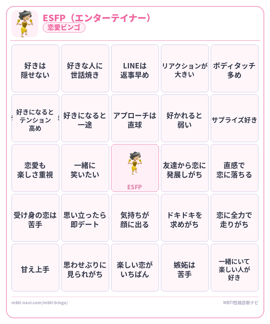ESFP恋愛ビンゴ素材 エンターテイナータイプのMBTI恋愛ビンゴカード