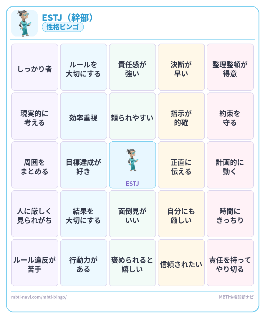 ESTJ性格ビンゴ素材 幹部タイプのMBTIビンゴカード