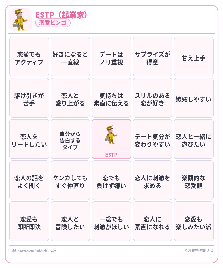 ESTP恋愛ビンゴ素材 起業家タイプのMBTI恋愛ビンゴカード