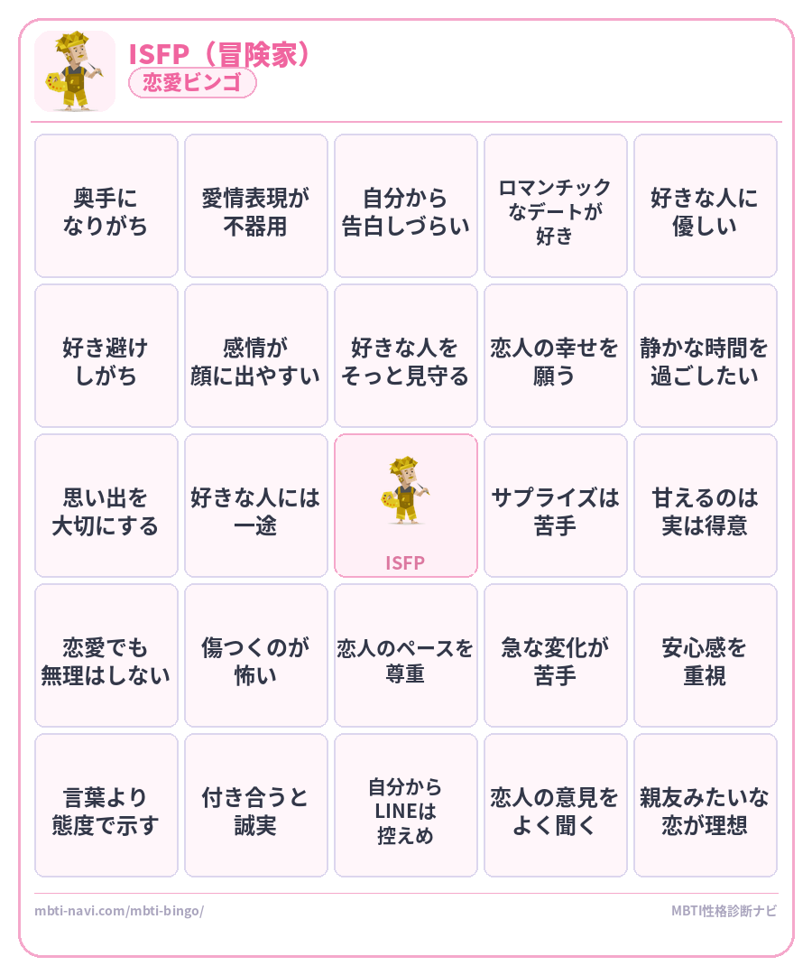 ISFP恋愛ビンゴ素材 冒険家タイプのMBTI恋愛ビンゴカード