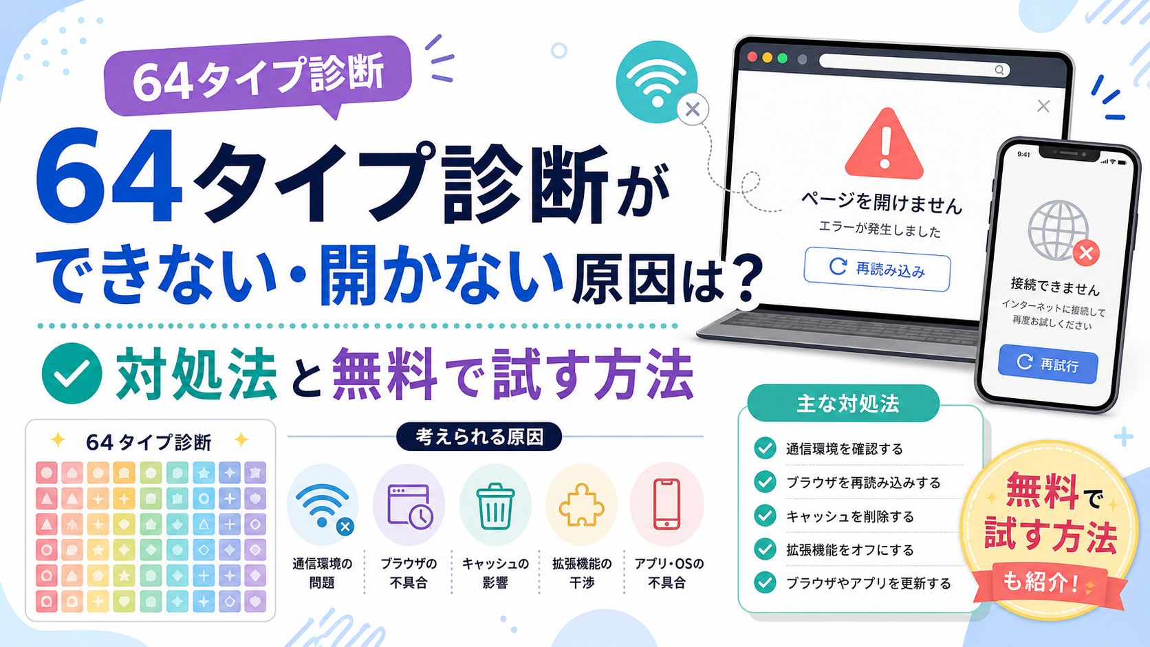 64タイプ診断ができないときの対処法を解説する記事のアイキャッチ