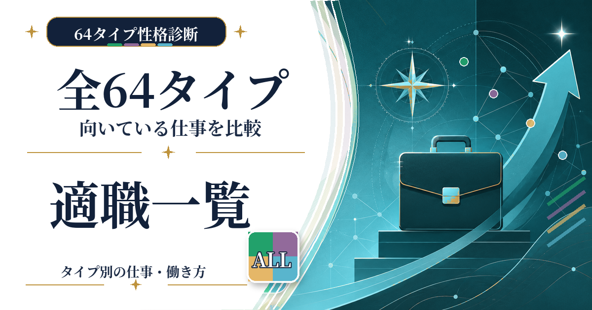64タイプ性格診断の全64タイプ別の適職・向いている仕事を一覧で紹介するイメージ画像