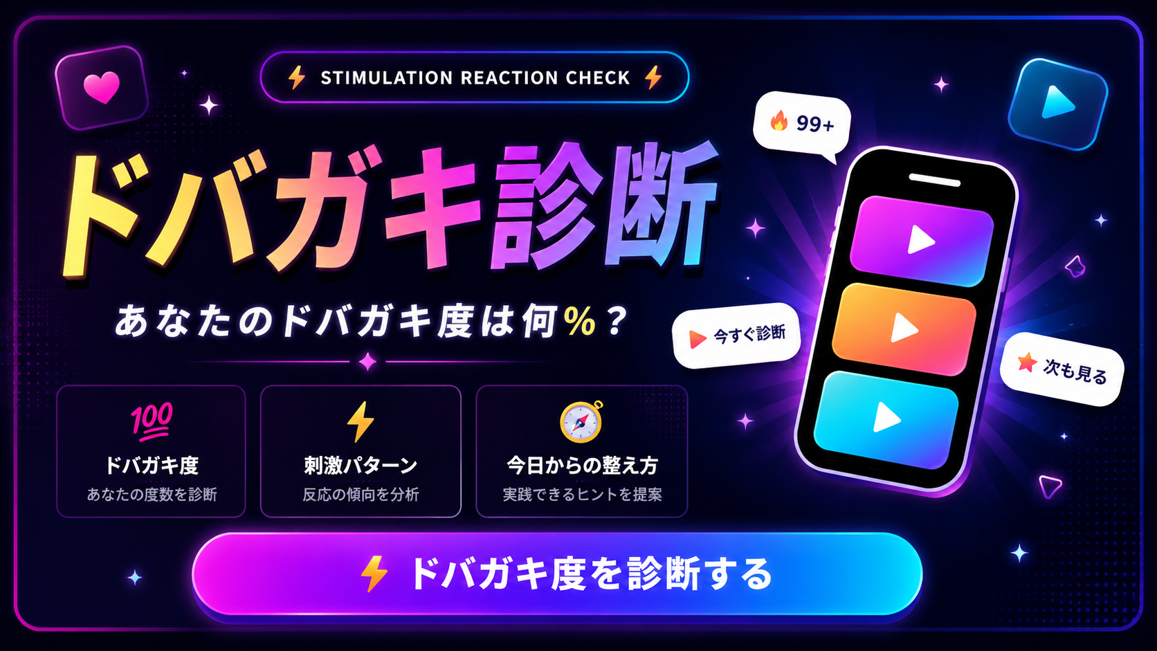 ドバガキ診断でショート動画や通知への刺激反応度を10問から判定するイメージ