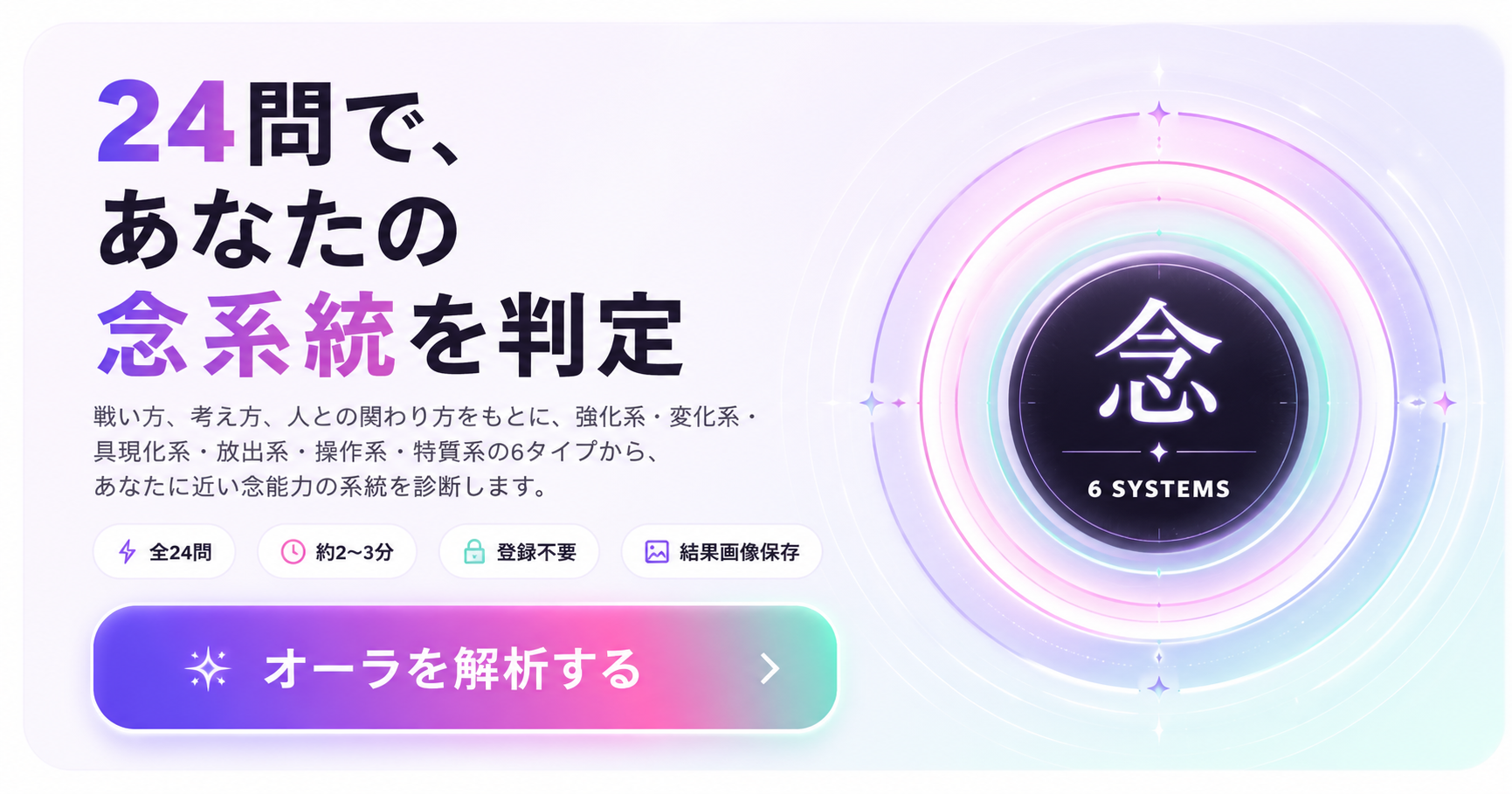 念能力診断で6つの念系統を判定する人物シルエットとオーラリングのアイキャッチ画