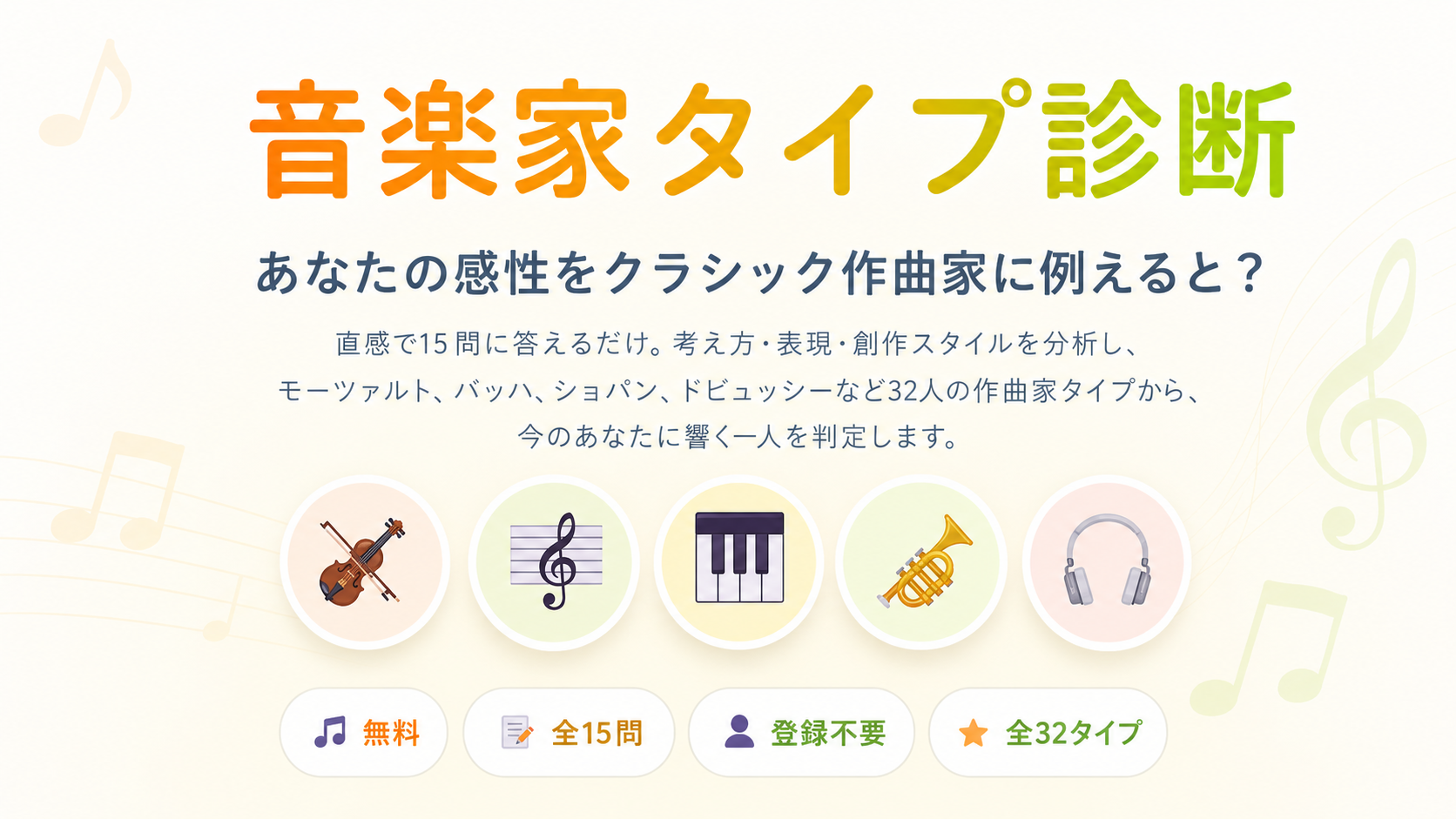 音楽家タイプ診断で32人のクラシック作曲家から自分に近いタイプを無料判定するイメージ