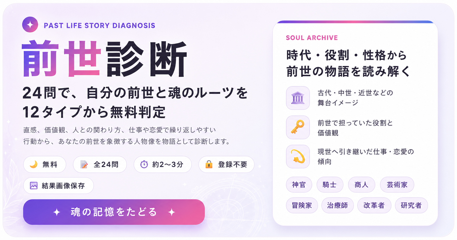 前世診断で自分の前世と魂のルーツを12タイプから無料判定する診断イメージ