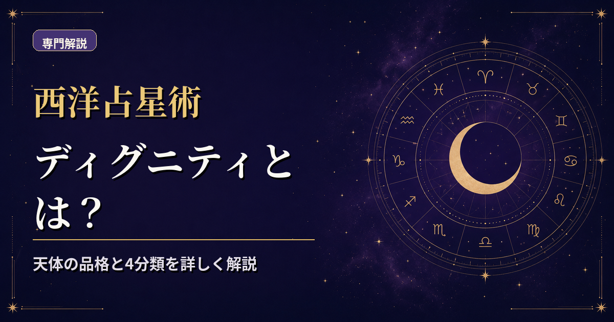 天体記号と12サインを組み合わせ、ドミサイル・高揚・失地・フォールを示したディグニティ解説のアイキャッチ