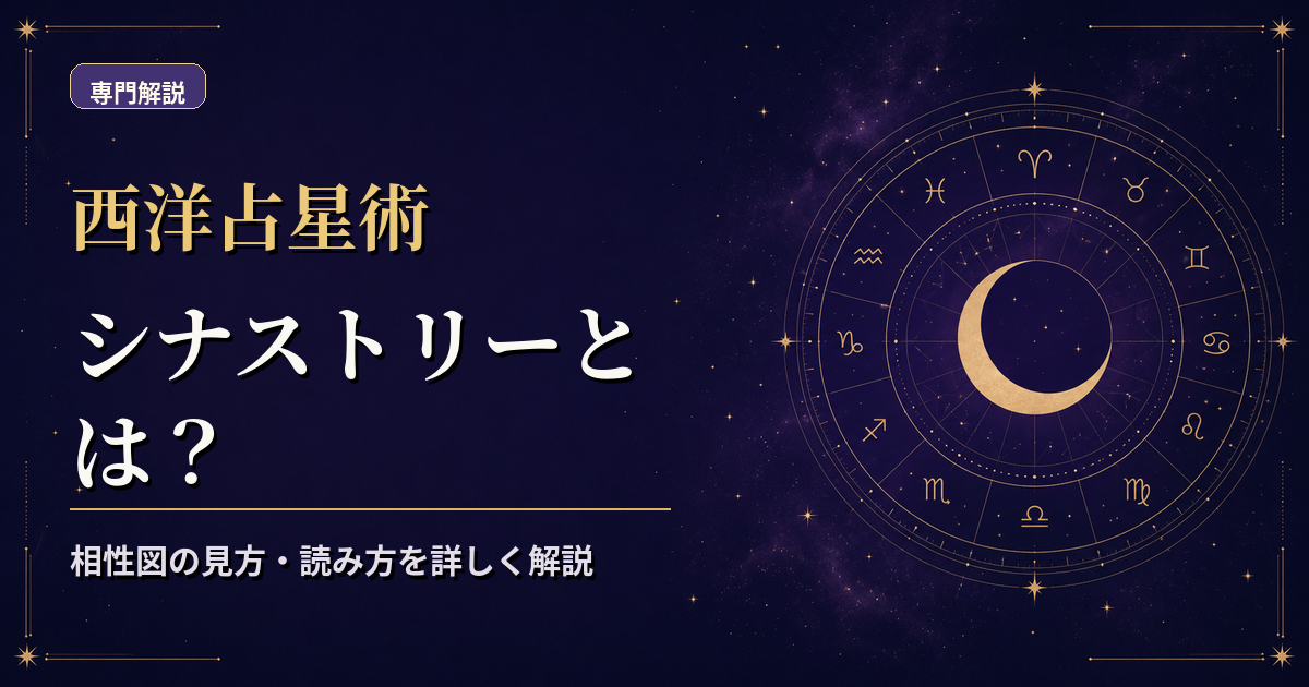 二人分のホロスコープを重ね、天体同士の角度を線で結んだシナストリー相性図解説のアイキャッチ