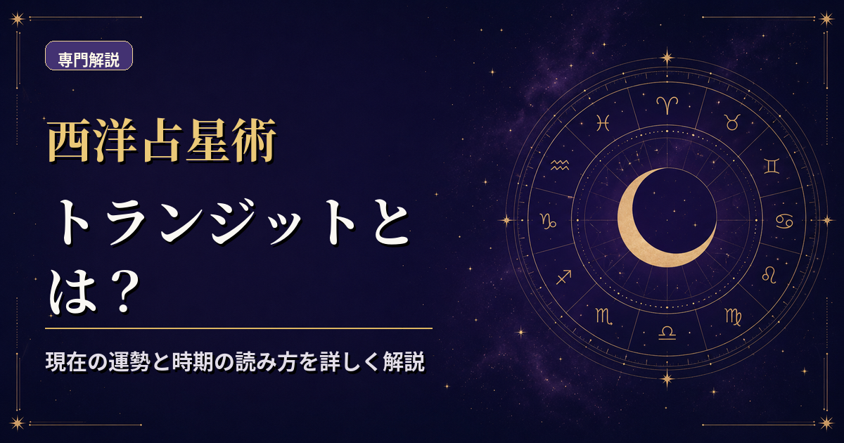 出生図の外側に現在の天体を重ね、時間の流れを示したトランジット解説のアイキャッチ