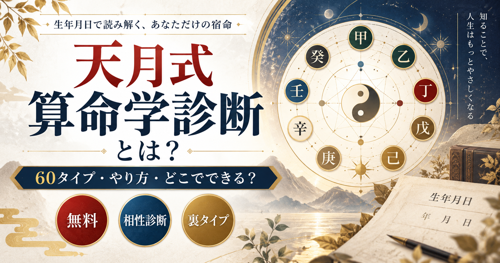 天月あお監修の天月式算命学診断で60タイプと無料占いを解説する、十干の円盤と生年月日入力のイメージ