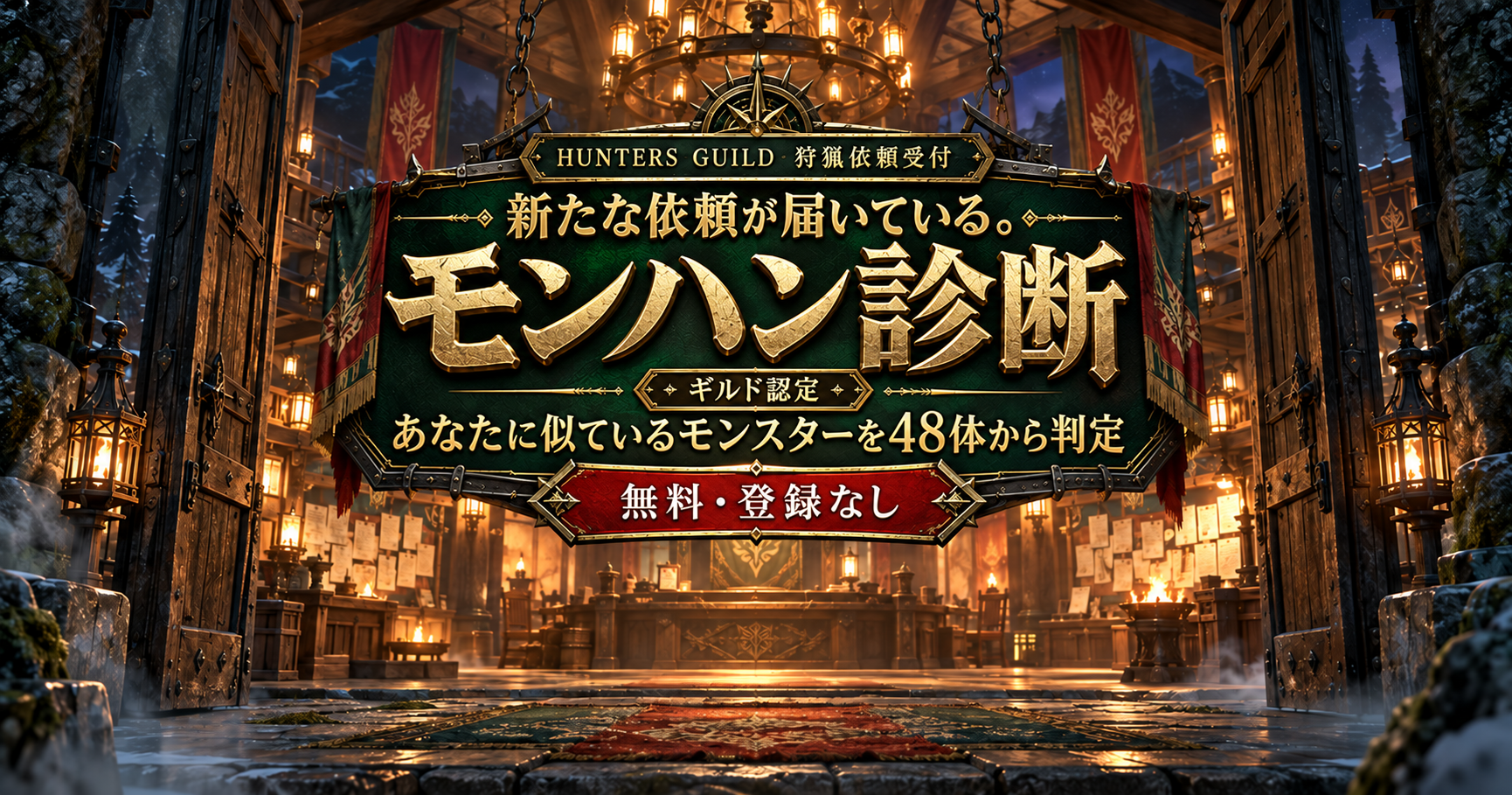 ギルドクエスト風の画面で似ているモンスターを48体から判定するモンハン診断のイメージ